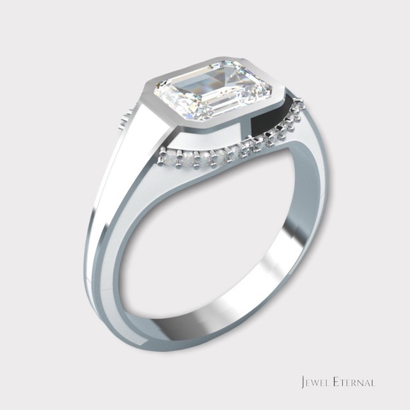 White & Black Enamel Pinky Ring w/ 1.5ct Asscher cut Moissanite - Picture 10 of 16